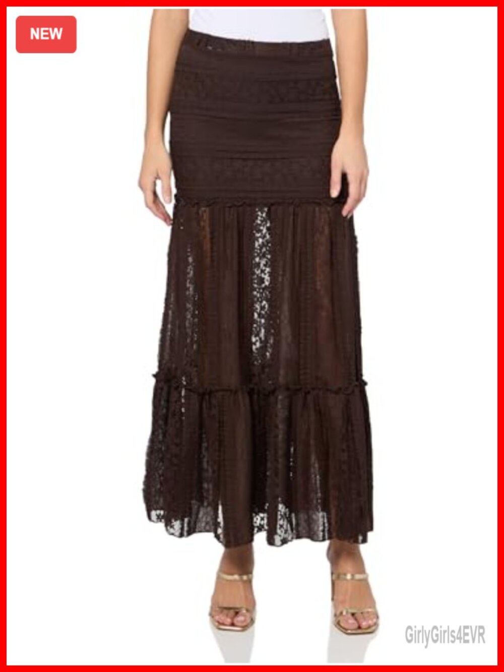 Lace Maxi Skirt with Tiered Hem Mid Rise Flowy Casual Womens